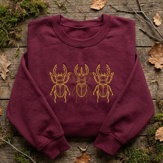 Embroidered Stag Beetle Sweatshirt, Golden Insect Hoodie, Dark Forest Core Apparel, Masculine Bug Crewneck, Entomology Science Gift