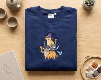 Embroidered Cat Adventurer Sweatshirt, RPG Kitty Party Hoodie, Wizard Viking Rogue Cat Crewneck, DND Inspired Gift for Cat Lovers
