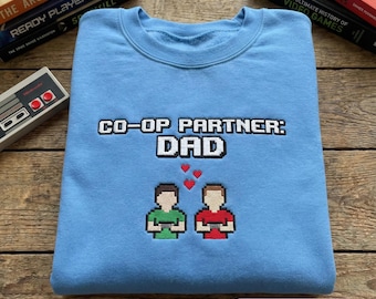 Embroidered Co-Op Partner Dad Sweatshirt, Gamer Dad Hoodie, Player 2 Baby Gift, Pixel Art Avatar Crewneck, Father Son Matching Shirt