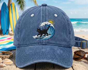 Embroidered Surfing Black Cat Hat, Funny Cat Lover Wash Dad Cap, Summer Beach Surf Headwear, Tropical Ocean Wave Gift, Skater Cat Cap