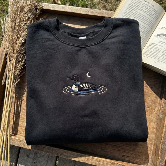 Embroidered Swimming Loon Sweatshirt, Lake Life Hoodie, Bird Watcher Crewneck, Nature Lover Gift, Waterfowl Shirt, Camping Outdoors Top