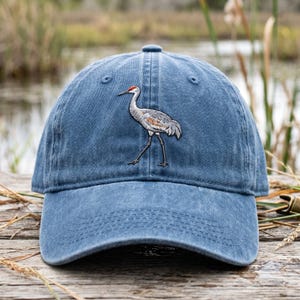 Embroidered Crane Hat, Washed Dad Cap Sandhill Crane, Wetlands Bird Cap, Wildlife Watcher Gift, Elegant Bird Hat