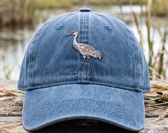 Embroidered Crane Hat, Washed Dad Cap Sandhill Crane, Wetlands Bird Cap, Wildlife Watcher Gift, Elegant Bird Hat