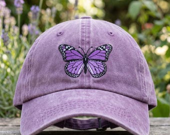 Embroidered Butterfly Hat, Monarch Butterfly Wash Dad Cap, Nature Lover Gift, Floral Summer Aesthetic Hat, Purple Butterfly Embroidery