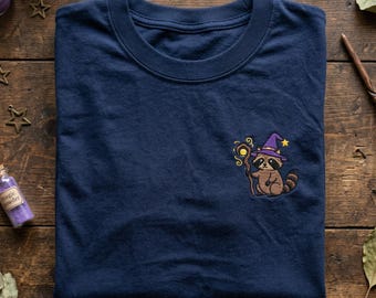 Embroidered Magic Raccoon Tee, Raccoon Wizard with Staff Shirt, Celestial Raccoon Embroidery, Mystical Animal Gift, Fantasy Forest T-shirt