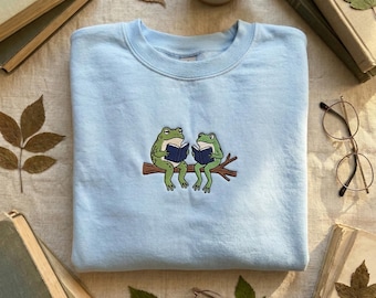 Reading Frogs Embroidery Sweatshirt, Bookworm Toad Hoodie, Cottagecore Library Gift, Embroidered Frogs on Branch, Nature Aesthetic