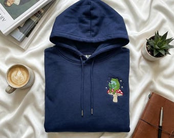 Embroidered Frog Reading on Mushroom Hoodie, Cottagecore Aesthetic Sweatshirt, Cute Toad Book Lover Gift, Nature Inspired Crewneck