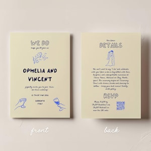 Convite de casamento feito à mão, convite de casamento divertido, cartão RSVP de casamento, convite de casamento digital, convite de casamento para impressão, azul marinho v5
