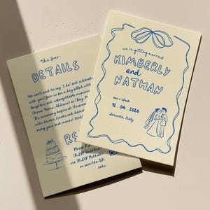 Convite de casamento feito à mão, convite de casamento divertido, cartão RSVP de casamento, convite de casamento digital, convite de casamento para impressão, azul e branco v8