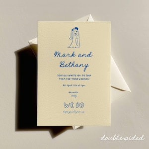 Convite de casamento feito à mão, convite de casamento divertido, cartão RSVP de casamento, convite de casamento digital, convite de casamento para impressão, azul e branco v4