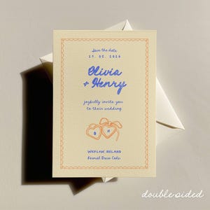 Convite de casamento feito à mão, convite de casamento divertido, cartão de RSVP de casamento, convite de casamento digital, convite de casamento para impressão, azul e laranja v2
