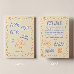 Convite de casamento feito à mão, convite de casamento divertido, cartão RSVP de casamento, convite de casamento digital, convite de casamento para impressão, azul e laranja v1