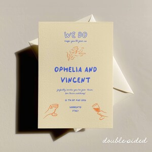 Convite de casamento feito à mão, convite de casamento divertido, cartão de RSVP de casamento, convite de casamento digital, convite de casamento para impressão, azul e laranja v5