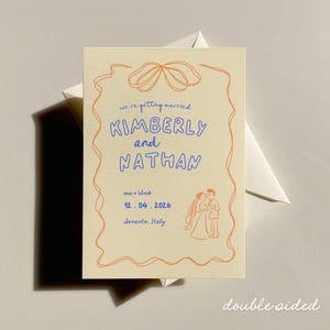 Convite de casamento feito à mão, convite de casamento divertido, cartão RSVP de casamento, convite de casamento digital, convite de casamento para impressão, azul e laranja v8