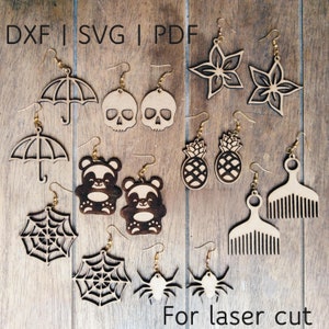 Peut inclure: Une collection de 12 paires de boucles d'oreilles en bois découpées au laser, comprenant un ananas, un crâne, un peigne, une araignée, un panda, un parapluie et une toile d'araignée. Les motifs sont tous découpés dans du bois et ont une finition naturelle. Le texte "DXF | SVG | PDF" et "Pour découpe laser" est également visible sur l'image.