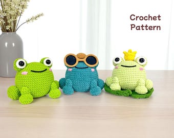Pacchetto di modelli all'uncinetto a forma di rana in formato PDF, set di 3 peluche a forma di rana amigurumi, rana maga, rana principe, rana cool, rana paffuta, modelli all'uncinetto per principianti