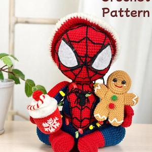 Spiderman-haakpatroon, amigurumi spiderman knuffel, gehaakte spiderman met kerstversiering, schattig haakpatroon, pdf-haakpatroon