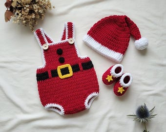 Conjunto de roupa de crochê do Papai Noel, adereço para ensaio fotográfico de Natal, conjunto de macacão e gorro de Papai Noel para bebê, roupa de bebê, suéter de crochê, roupa para bebê