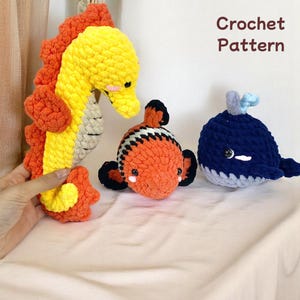 Ocean Animal Crochet Pattern Bundle PDF, Amigurumi Sea Creature Set With Seahorse, Clownfish, Whale, Cute Marine Plush Toys
