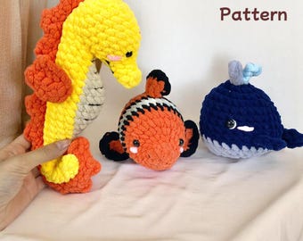 Ocean Animal Crochet Pattern Bundle PDF, Amigurumi Sea Creature Set With Seahorse, Clownfish, Whale, Cute Marine Plush Toys