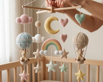 Handmade crib mobiles, giraffe and hot air balloon-shaped crib mobiles with rainbow, moon, and cloud themes, custom baby gifts