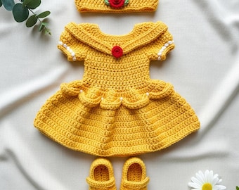 Belle Baby Girl Crochet Outfit, Handmade Princess Dress with Matching Headband, Unique Baby Shower Gift, Infant Clothes