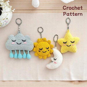 Sun Moon Star Cloud Crochet Pattern PDF, Amigurumi Weather Keychain Set, Cute Celestial Plush,  Gift Idea