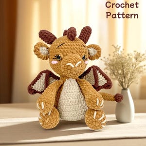 Dragon Crochet Pattern PDF, Cute Amigurumi Brown Dragon Toy, Easy Plush Animal Pattern For Beginners, Soft Stuffed DIY Gift