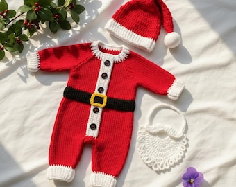 Roupa de Papai Noel de crochê feita à mão, conjunto de Natal para recém-nascido com chapéu e barba, presente de Natal para recém-nascidos