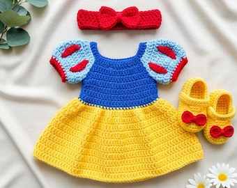 crochet snow white dress pattern Crochet Snow White Newborn Costume, Baby Girl Princess Dress and Headband,  Handmade Infant Outfit, Birthday Gift, Baby Shower Present