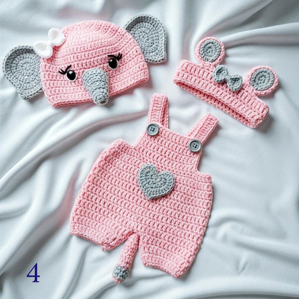 Tenue Bébé éléphant Crochetée Main 0-3 Mois - Ensemble Handmade En Acrylique, Fait Aux États-Unis