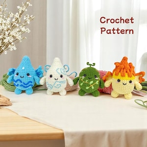 Fire Water Air Earth Crochet Pattern PDF, Amigurumi Elemental Sprites Plush Bundle, Cute Nature Spirits DIY Toy Gift