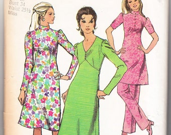 Vintage 1971 Simplicity 9357 Sewing Pattern Misses Dress in Two Lengths with Two Necklines and Pants Size 12 Bust 34