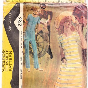 May include: A vintage sewing pattern for a dress with two different views. The pattern is from McCall's and is number 2788. The dress is yellow and white striped with a button-up front. The pattern is for misses' sizes 12 and 34 bust.
