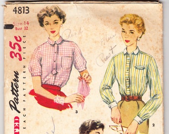 Vintage 1954 Simplicity 4813 Sewing Pattern Misses' Blouse Size 14 Bust 32