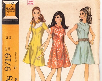 Vintage 1969 McCall's 9719 Sewing Pattern Misses', Junior's Dress in Three Versions Size 12 Bust 34