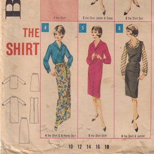 May include: Vintage sewing pattern for a shirt, jacket, dress, and jumper. The pattern is from Butterick and is numbered 2945. The pattern is for sizes 10-18.