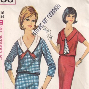 May include: Vintage Simplicity sewing pattern featuring two dress designs. One dress is blue and white checkered with a white collar and red bow. The other is a red dress with a white and blue polka dot tie. Size 16, bust 36 inches.