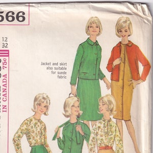May include: A vintage sewing pattern for a dress and jacket. The pattern is for size 12, bust 32. The pattern is printed on white paper with pink and black text. The pattern shows four women wearing different versions of the dress and jacket. The dress and jacket are green, yellow, and red.