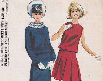 Vintage 1964 McCall's 7386 UNCUT Sewing Pattern Misses' Two-Piece Dress with Skirt and Ring Scarf Size 12 Bust 32