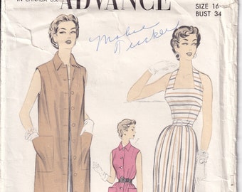 Vintage 1953 Advance 6727 Sewing Pattern Misses' One-Piece Halter Neck Dress and Duster Size 16 Bust 34