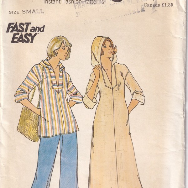 Vintage 1976 Butterick 4282 Sewing Pattern Misses' Hooded Caftan and Tunic Top Size Small (8-10) Bust 31 1/2 - 32 1/2