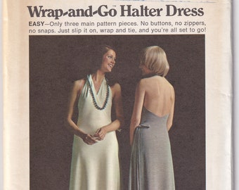 Vintage 1972 Butterick 6943 UNCUT Sewing Pattern Misses&#39; Wrap and Go Halter Neck Dress Size 10 Bust 32-1/2