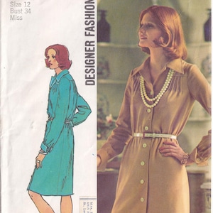 Vintage 1973 Simplicity 5731 Sewing Pattern Misses&#39; Button-Front Dress Size 12 Bust 34
