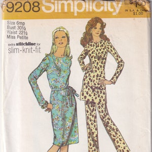 Vintage 1970 Simplicity 9208 UNCUT Sewing Pattern Miss Petites' Dress, Tunic and Pants Size 6mp Bust 30-1/2