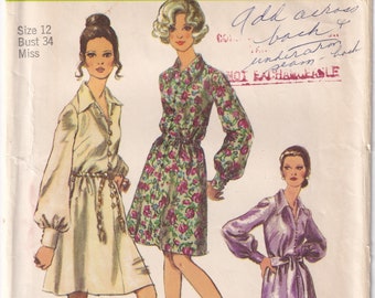 Vintage 1970 Simplicity 9008 Sewing Pattern Misses' Dress in Two Lengths and Sash Size 12 Bust 34