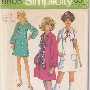 Vintage 1970 Simplicity 8805 Sewing Pattern Young Junior/Teens&#39; Dress in Two Lengths Size 7/8 Bust 29