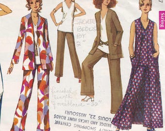 Vintage 1970 Simplicity 8819 Sewing Pattern Misses' Unlined Jacket or Vest-Coat, Overblouse and Pants Size 14 Bust 36