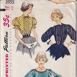 Vintage 1952 Simplicity 3955 Sewing Pattern Teen Age Blouse with Detachable Collar and Cuffs Size 14 Bust 32