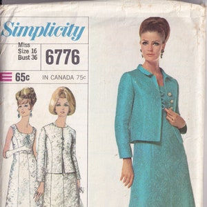 Vintage 1966 Simplicity 6776 Symönster Frökens Aftonklänning i två längder och kavaj Storlek 16 Byst 36